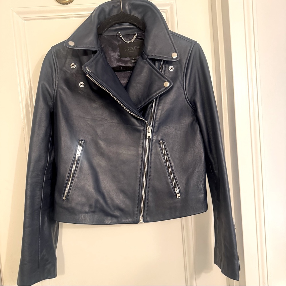 J. Crew Collection Women's Leather 
Moto Jacket - Navy Blue Size 8